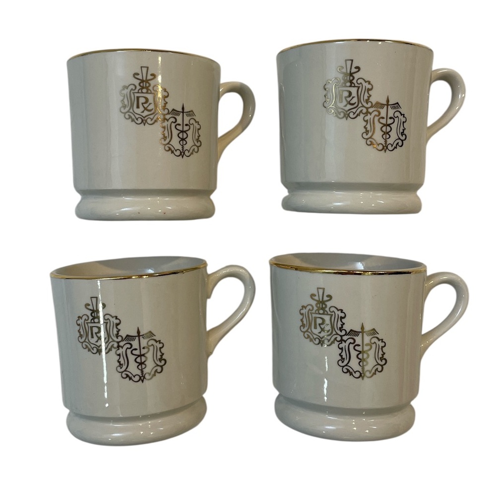 4 Vintage 60s Hall China Mugs Rx Pharmacy Pharmacist Caduceus Ivory Gold Estate